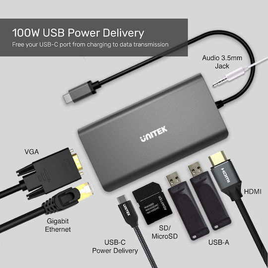 Unitek uHUB O8+ USB-C Docking Station με HDMI 4K PD Ethernet και σύνδεση 2 Οθονών Ασημί