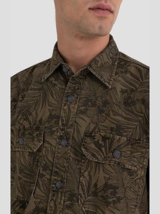 Tropical Short-sleeved Cotton Shirt Floral Khaki