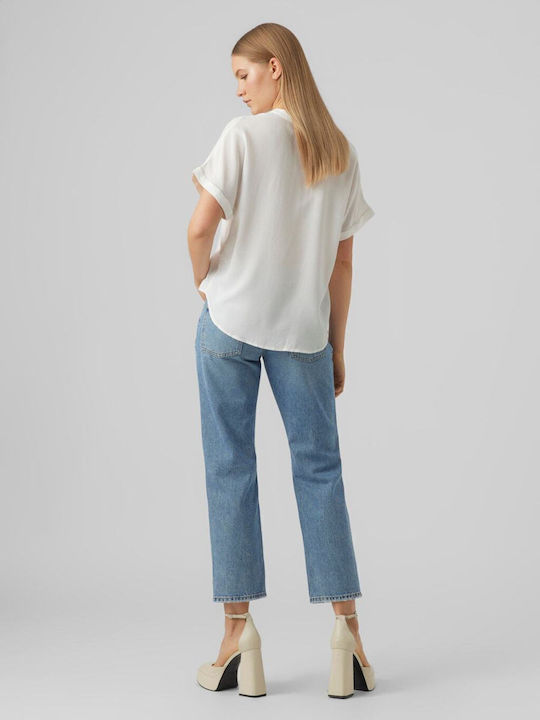 Damen Sommer Bluse Baumwolle Kurzärmelig mit V-Ausschnitt Snow White