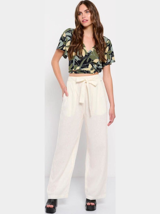 FBL007-11402 Femei Talie înaltă Din material textil Pantaloni cu elastic cu Croială Largă Off White