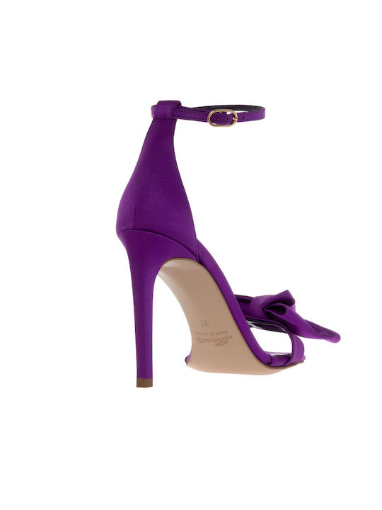 Fabric Women's Sandals with Ankle Strap Purple with Thin High Heel