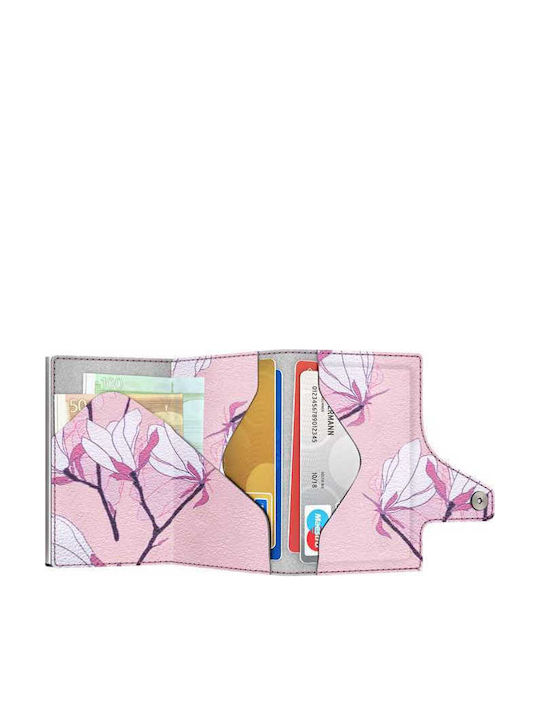 Click & Slide Μικρό Γυναικείο Πορτοφόλι Καρτών με RFID Cherry Blossom/Silver