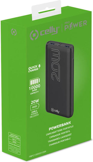 Celly Power Bank 10000mAh 20W с 2 USB-A порта и USB-C порт Power Delivery Черен