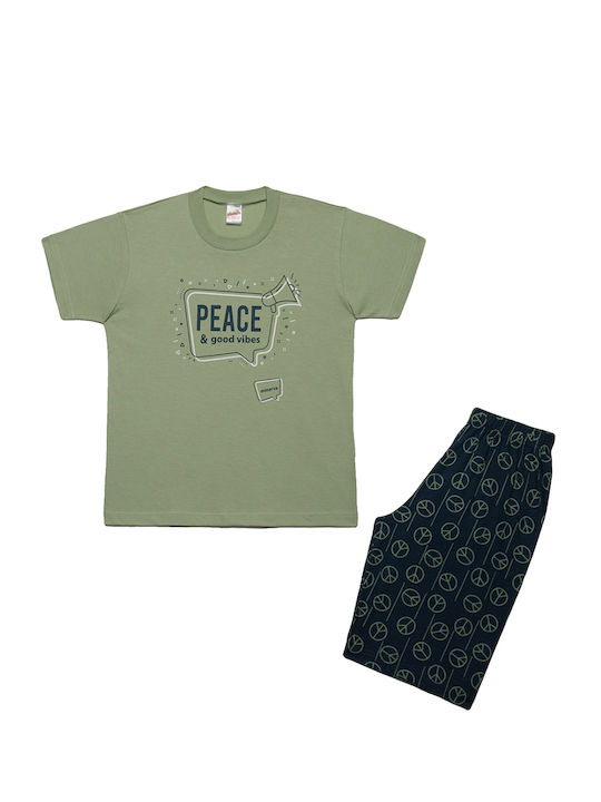 Minerva Peace and Good Vibes Set Top & Bottom Kids Summer Cotton Pyjamas Turquoise