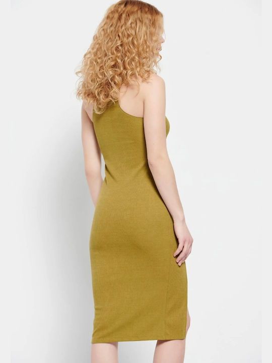 Funky Buddha Sommer Midi Kleid mit Schlitz Olive Oil