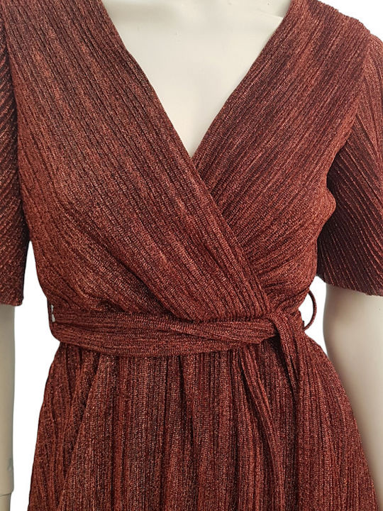 Bellino - Lurex Pleated Dress In Bronze Shade