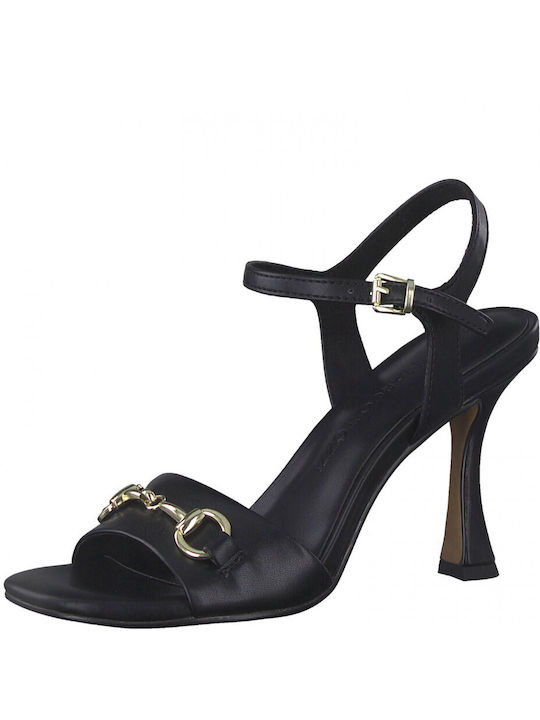 Marco Tozzi Leather Women's Sandals Anatomic with Thin High Heel In Black Colour