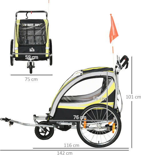 Homcom Kids and Stroller Bicycle Trailer 2 1 Brake Belt 5-Point Flag 142 X 75 X 101 Cm Yellow