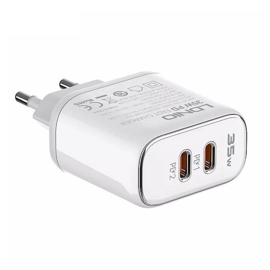 Ldnio Ladegerät mit 2 USB-C Anschlüsse und Kabel USB-C - Lightning 35W Stromlieferung Weißs (A2528M)