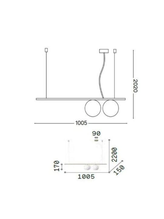 Ideal Lux Perline Μοντέρνο Κρεμαστό Φωτιστικό Δίφωτο Ράγα με Ντουί G9 σε Μαύρο Χρώμα