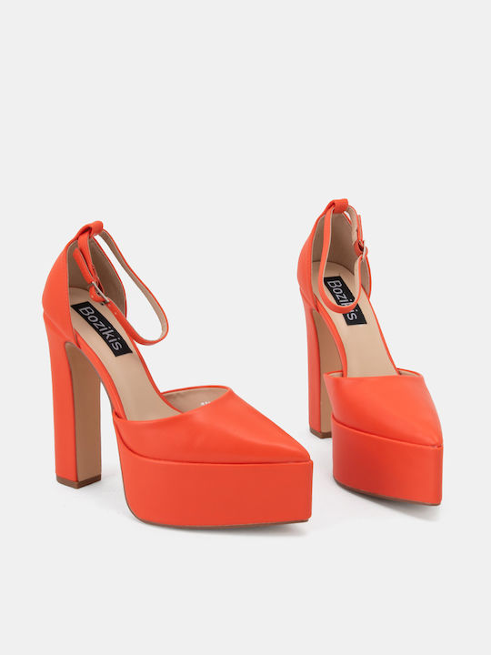 Bozikis Leather Pointed Toe Orange High Heels with Strap