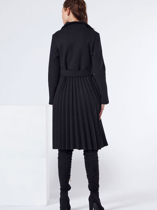 Enter Fashion Women's Midi Coat with Belt Black