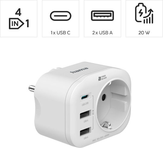HAMA Μονόπριζο με 2 USB-A και 4 USB-C