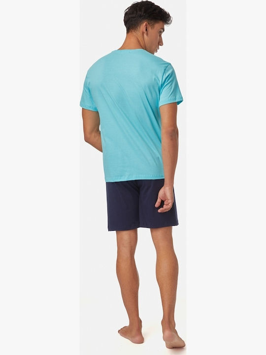 Minerva Men's Summer Cotton Pajamas Set Light Blue