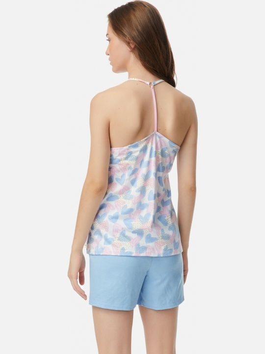 Minerva Summer Women's Pyjama Set Pink/Blue Hearts Hello Hearts