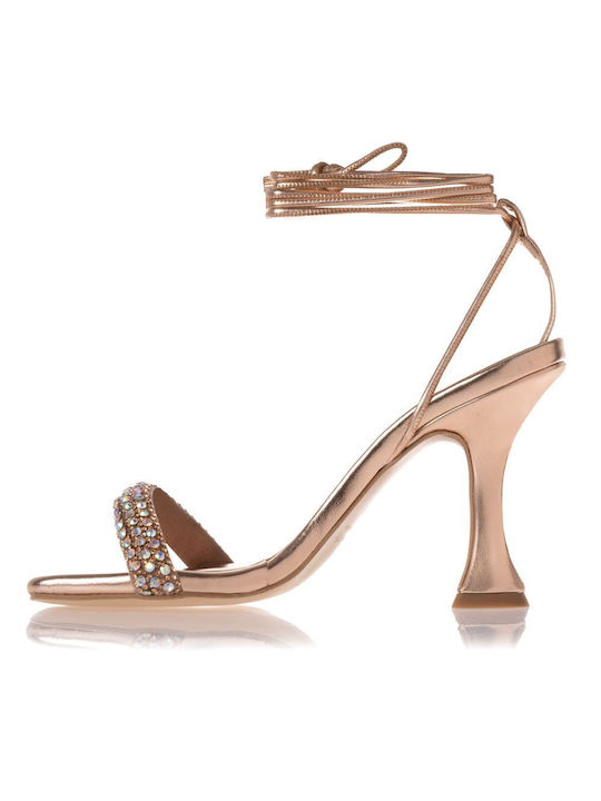 Sante Leather Women's Sandals with Strass & Laces Pink with Thin High Heel