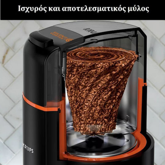 Krups Silent Vortex Electric Coffee Grinder 175W for 90gr Beans and 3 Grind Levels Black
