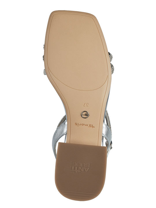Leather Women's Flat Sandals with Strap in Silver Color