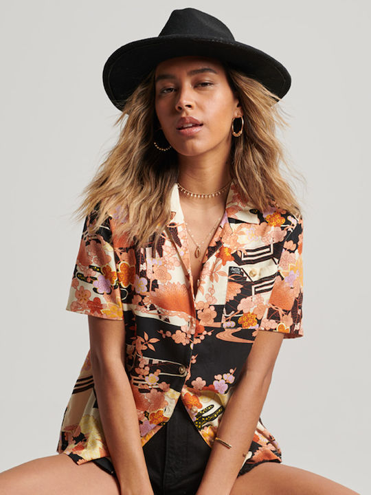 Ovin Vintage Beach Resort Women's Floral Short Sleeve Shirt