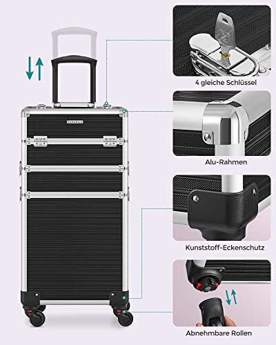 Songmics Metallic Cosmetic Case Wheeled Black H72.5xW35.7xD27cm