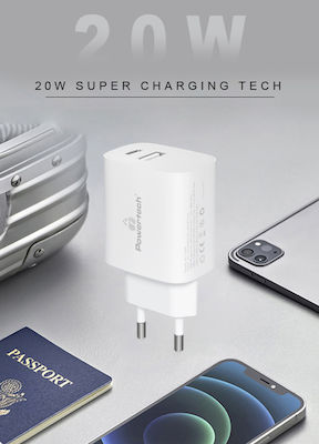 Powertech Charger Without Cable with USB-A Port and USB-C Port 20W Power Delivery / Quick Charge 3.0 White (PT-1040)