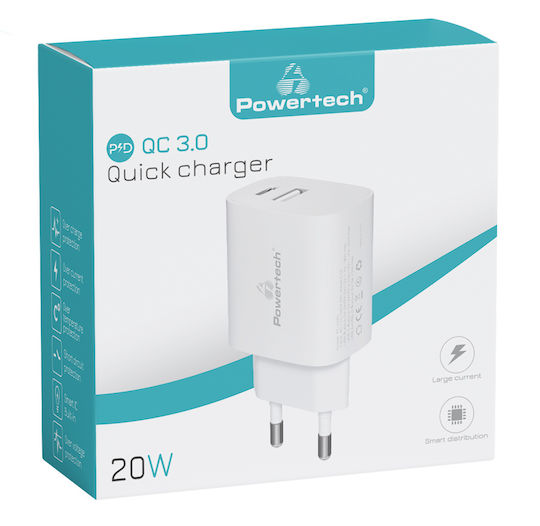 Powertech Φορτιστής Χωρίς Καλώδιο με Θύρα USB-A και Θύρα USB-C 20W Power Delivery / Quick Charge 3.0 Λευκός (PT-1040)