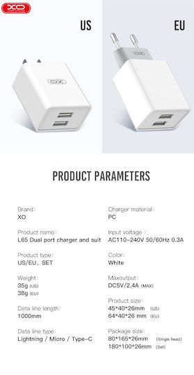 XO Ladegerät mit 2 USB-A Anschlüsse und Kabel USB-C Weißs (L65EU)