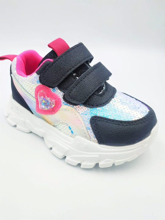 Kids Sports Sneaker with Sequins and 3D Heart with Stars Black/White/Fuxia