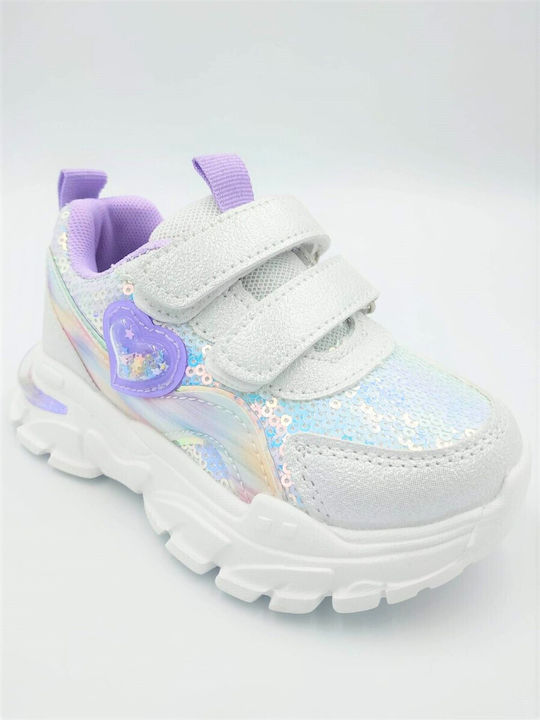 Kinder Sport Sneaker mit Pailletten und 3D Herz mit Sternen Weiß/Lila