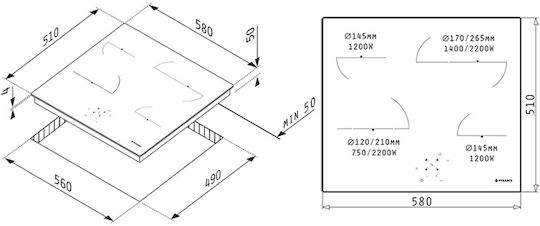 Pyramis PHC61611BFB Κεραμική Εστία Αυτόνομη με Λειτουργία Κλειδώματος 58x51εκ.