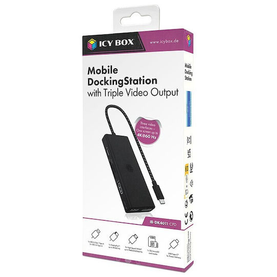 Icy Box USB-C Docking Station με HDMI/DisplayPort 4K PD Ethernet και σύνδεση 3 Οθονών Μαύρο (IB-DK4011-CPD)