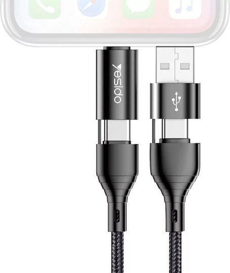 Yesido CA-59 Плетена USB към Lightning / Type-C Кабел 3Спецификация Черен 1.2м