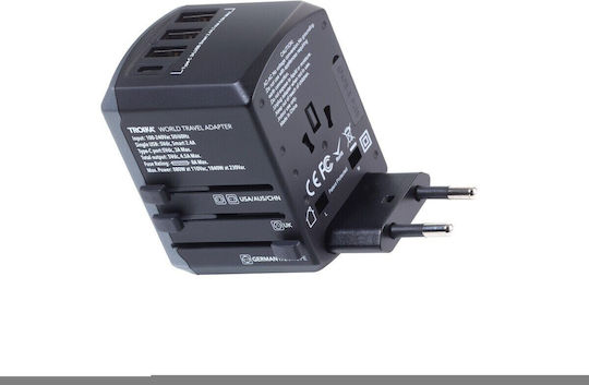 Troika TRA45 BK Αντάπτορας Πρίζας από Universal σε Universal με 3 Θύρες USB