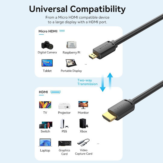 Vention HDMI 2.0 Premium High Speed 4K 60Hz HDR Кабел micro HDMI мъжки - HDMI мъжки 3m Черен