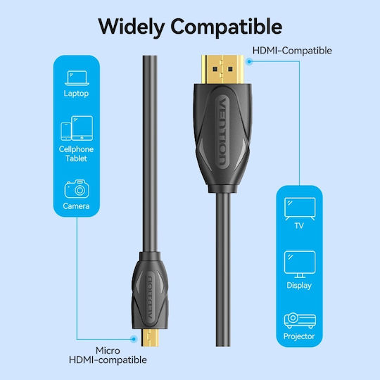 Vention HDMI 2.0 Premium High Speed 4K 60Hz HDR Cable Micro HDMI Male HDMI Male Length 1.5m Black