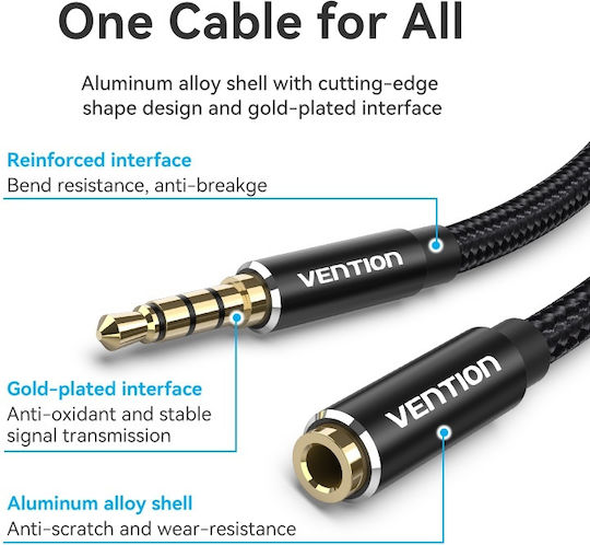 Vention Cablu Audio TRRS 3,5mm Male - 3,5mm Female Negru 3m cu Terminale Placate cu Aur BHCBI