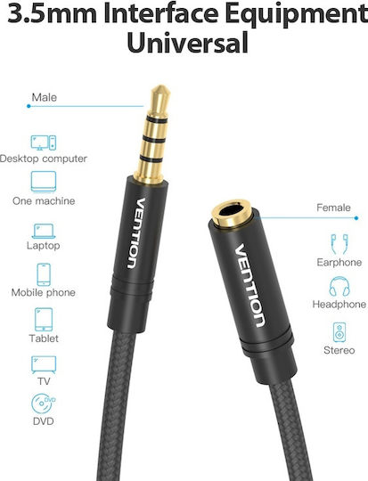 Vention 3.5mm Jack Cable Audio TRRS 3.5mm Male - 3.5mm Female Black 1m With Gold Plated Terminals BHBBF