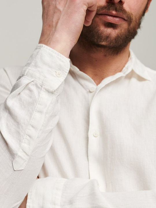 Stud Linen Μακρυμάνικo Λινό Πουκάμισο σε Κανονική Γραμμή Λευκό