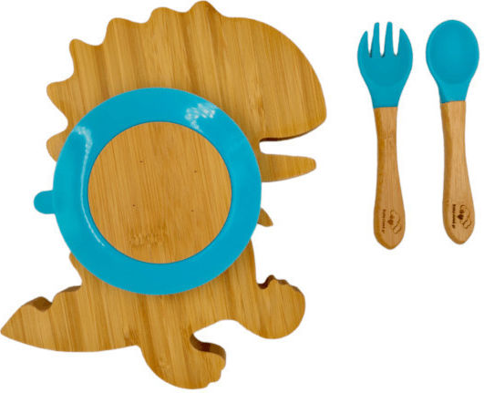 Baby Cloud Feeding Set Dinosaur made of Bamboo with Non-Slip Base Blue 3pcs
