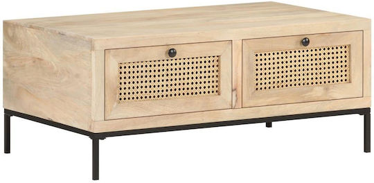 Rectangular Central Coffee Table Made of Solid Wood with Beige Drawers W90xD50xH37cm