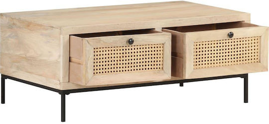 Rectangular Central Coffee Table Made of Solid Wood with Beige Drawers W90xD50xH37cm