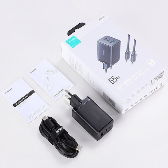 Joyroom Φορτιστής GaN με Θύρα USB-A και 2 Θύρες USB-C και Καλώδιο USB-C - USB-C 65W Power Delivery Μαύρος (TCG01)