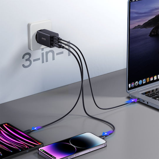 Joyroom Φορτιστής GaN με Θύρα USB-A και 2 Θύρες USB-C και Καλώδιο USB-C - USB-C 65W Power Delivery Μαύρος (TCG01)