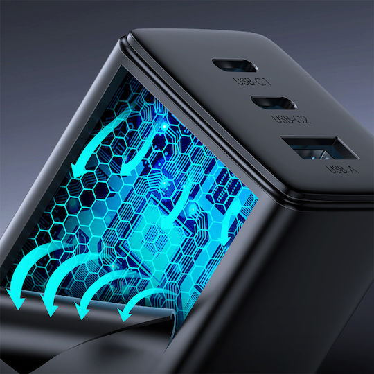 Joyroom Φορτιστής GaN με Θύρα USB-A και 2 Θύρες USB-C και Καλώδιο USB-C - USB-C 65W Power Delivery Μαύρος (TCG01)