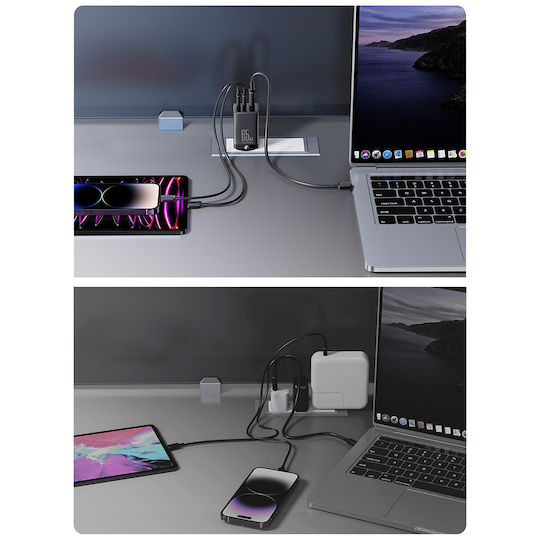 Joyroom Φορτιστής GaN με Θύρα USB-A και 2 Θύρες USB-C και Καλώδιο USB-C - USB-C 65W Power Delivery Μαύρος (TCG01)
