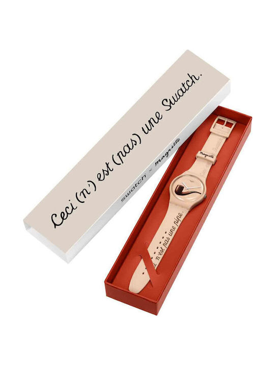 Swatch La Trahison Des Images By Rene Magritte Γυναικείο Ρολόι 41mm Μπαταρίας με Ροζ Χρυσό Καουτσούκ Λουράκι