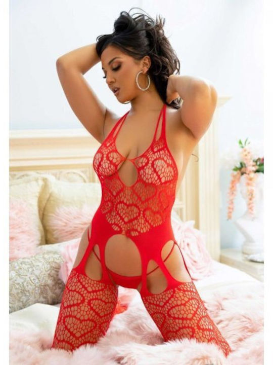 Leg Avenue Sexy Bodystockings Netz-Träger-Bodystocking mit offenem Schritt Rot