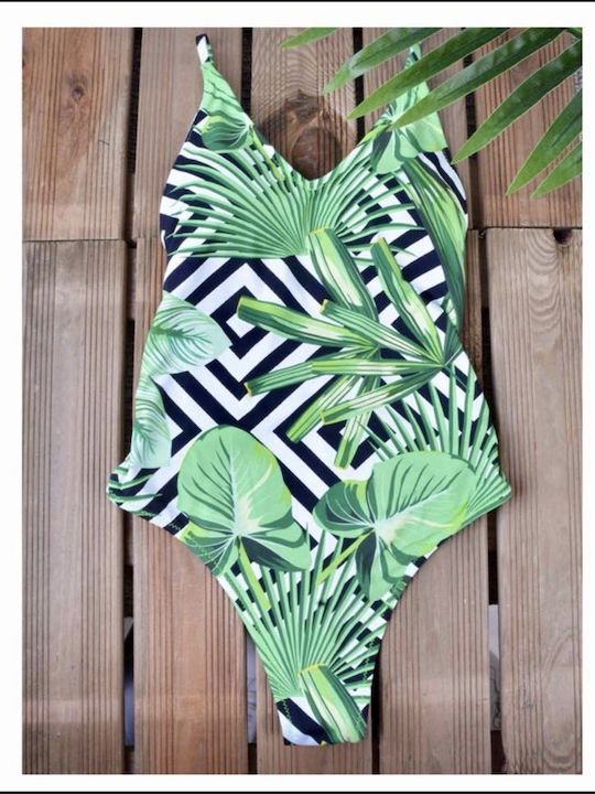 Women's swimsuit one-piece Alice - Geometric Patterns - Green Leaves