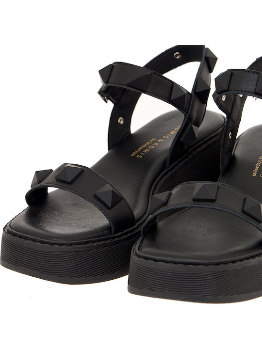 Women's Leather Ankle Strap Platforms Black