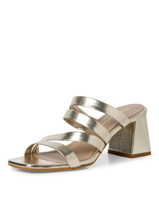 Tamaris Anatomic Leather Women's Sandals Gold with Chunky Medium Heel